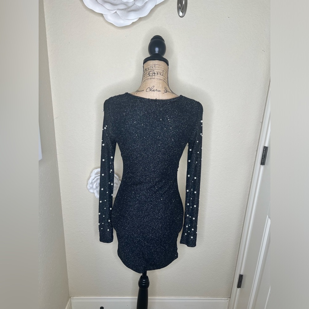 NTM: SHEIN Pearl Embellished Black Bodycon Mini Dress Long Sleeve Size Small - Picture 10 of 16